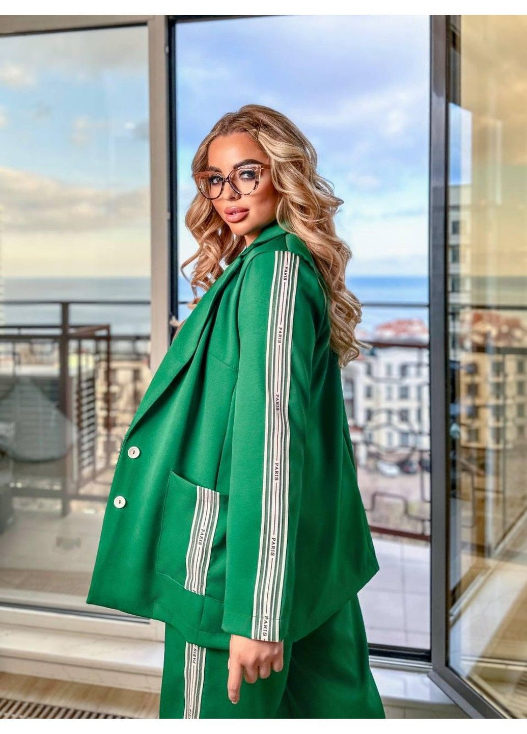 Костюм із брюками палаццо з лампасами, Мод БЛК 082, зелений, розімр 62-64 No Brand (355469720)