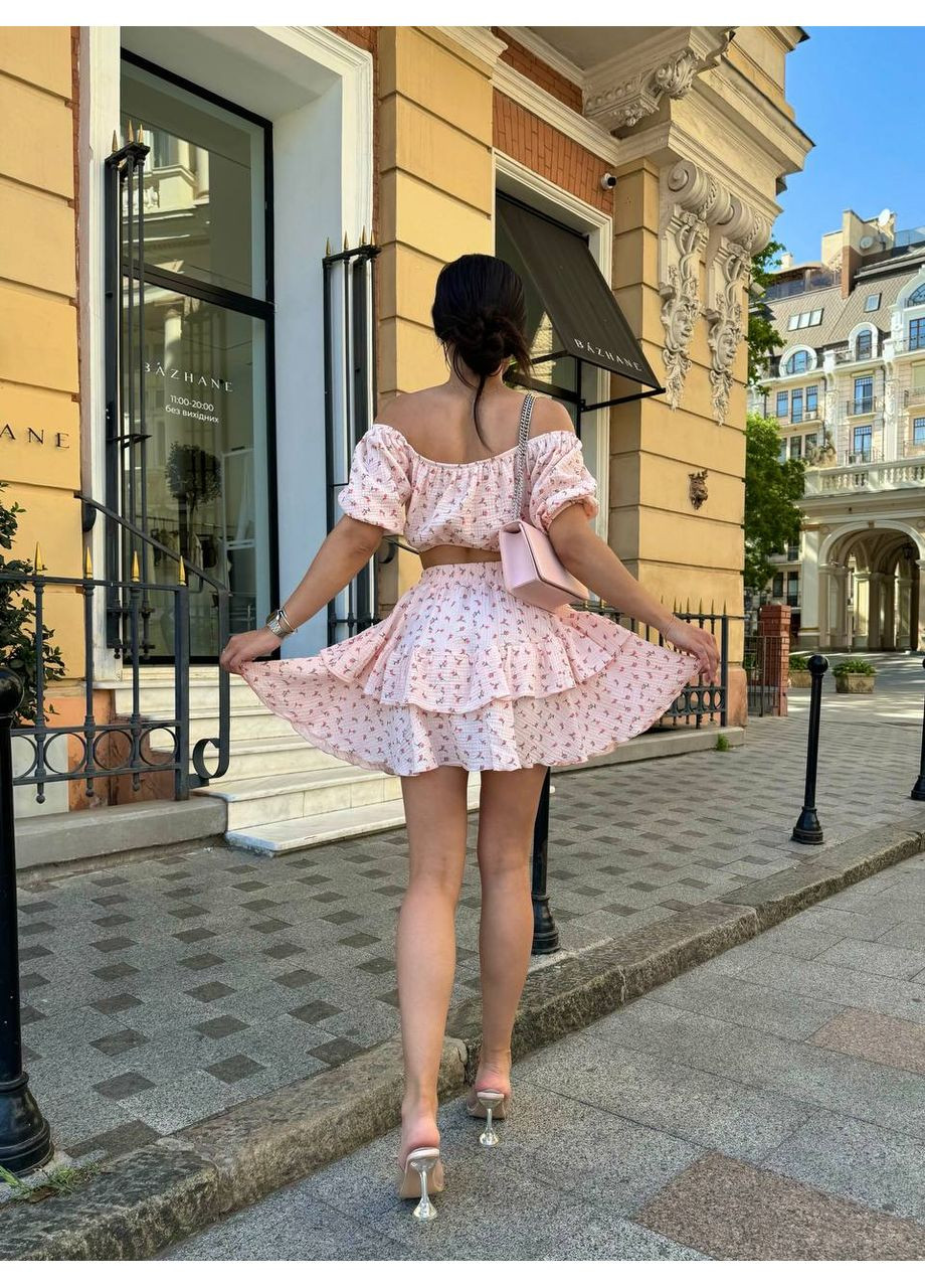 Жіночий літній костюм кроп-топ та ярусна міні-спідниця MonCher (349453478)