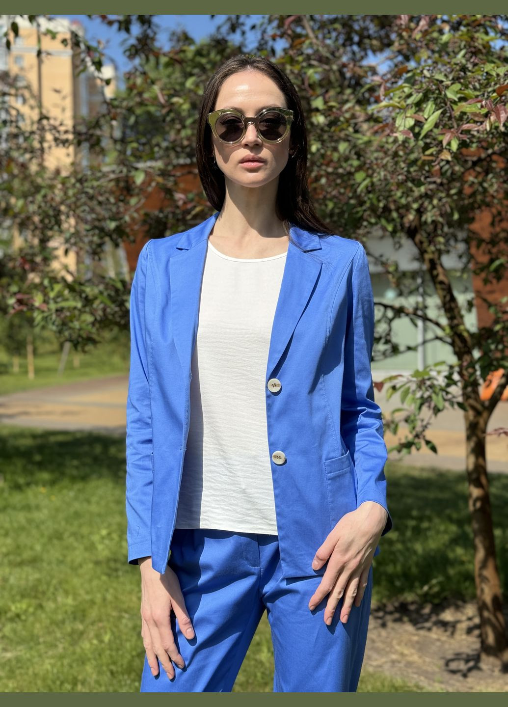 Голубой женский голубой жакет с карманами из хлопковой ткани 3348 Cat Orange - летний