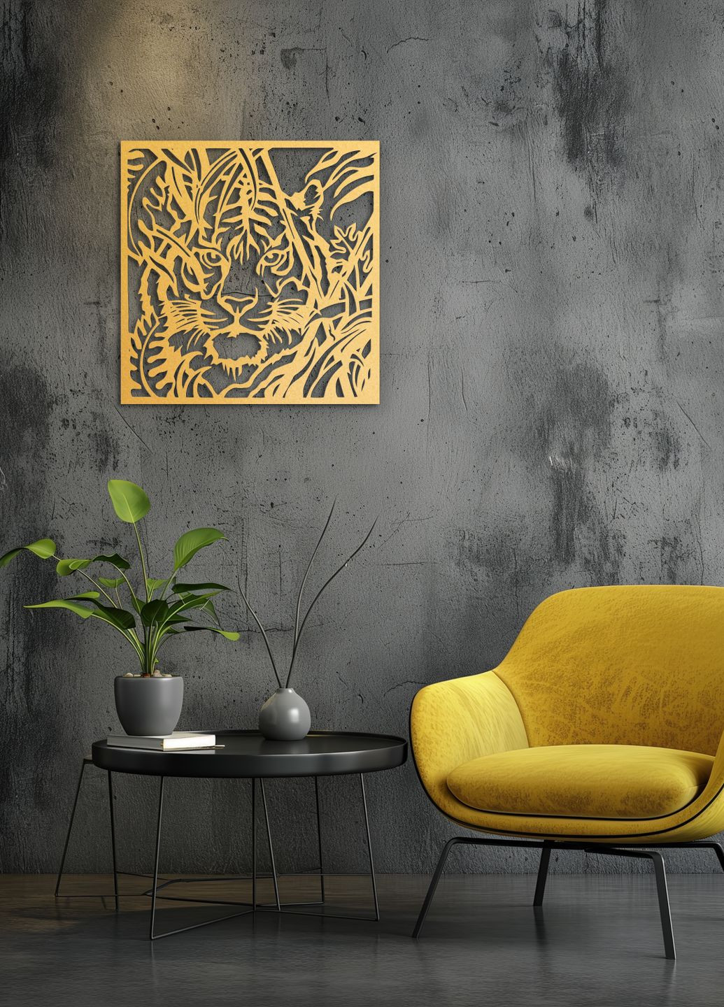 Сучасна картина для інтер'єру, сучасний декор стін "Полювання тигра", мінімалістичний стиль 70х75 см Woodyard (292112011)