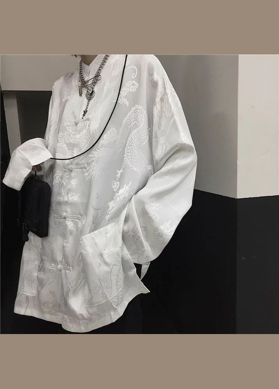 Атласовая оверсайз белая рубашка с драконами японский стиль унисекс широкая большая прямого кроя аниме к-поп панк гранж No Brand (302088471)