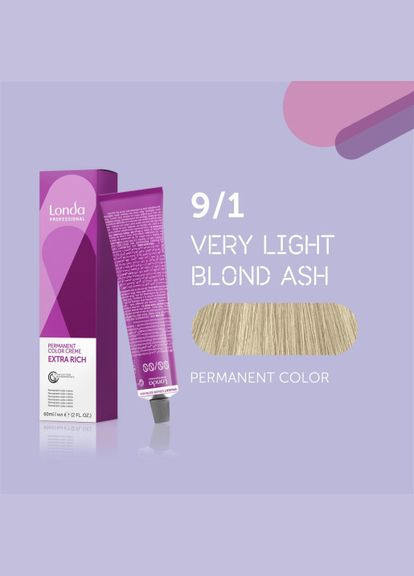 Стойкая кремкраска для волос Professional Permanent Color 9/1 яркий блондин пепельный, 60 мл Londa Professional (292736869)
