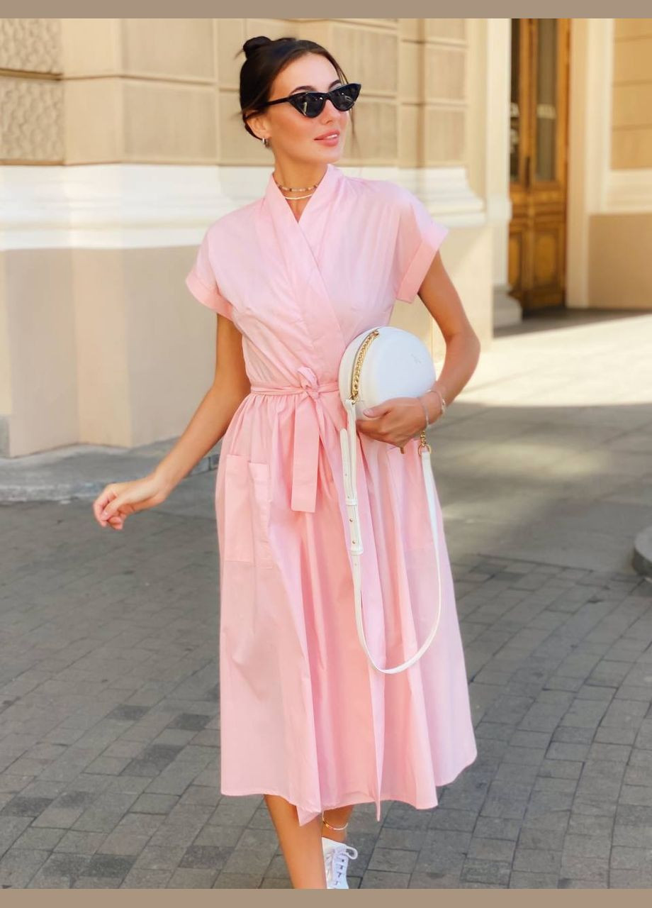 Пудрова святковий, кежуал, вечірня стильна сукня міді на запах з вільним низом Vakko однотонна