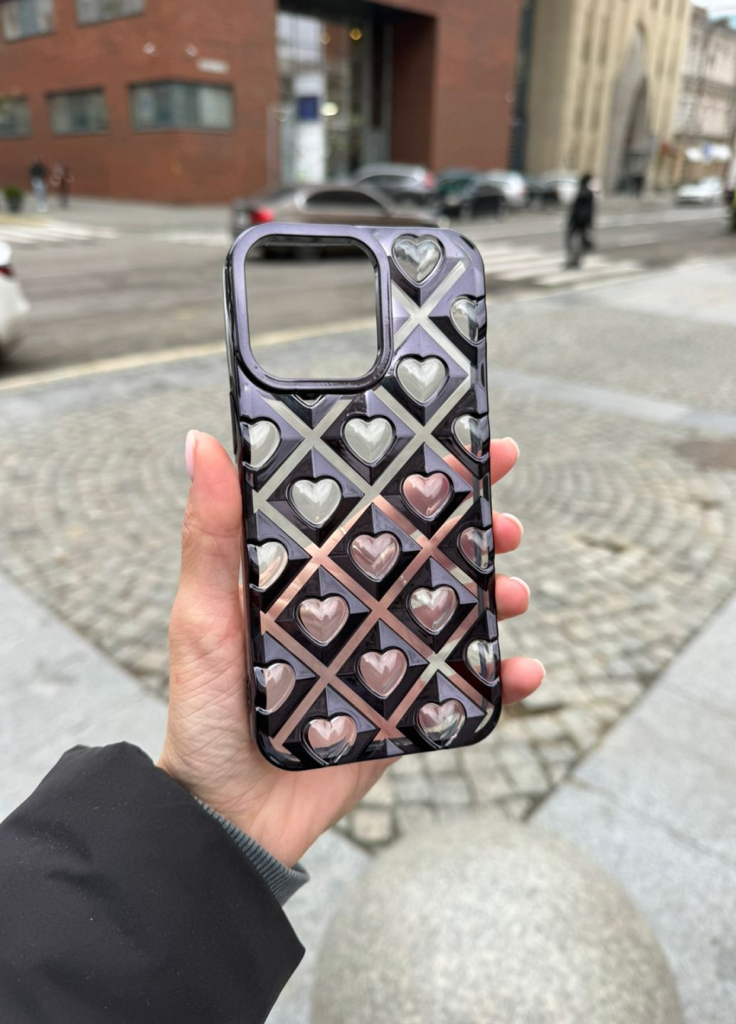 Чехол силиконовый для iPhone 15 Pro Max Hearts Metall Black / чехол айфон 15 про макс черный No Brand (314467131)