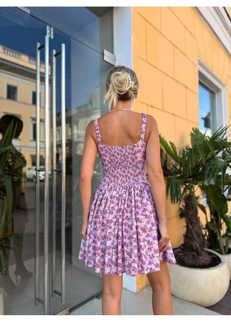 Сиреневое легкое платье мини сиреневого цвета 34020 клеш Fashion с цветочным принтом