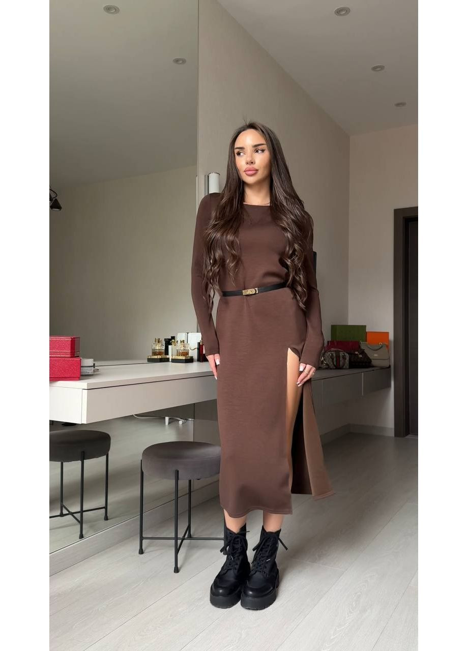 Коричневое повседневный, вечернее, кэжуал, деловое женское платье силуэтная No Brand однотонное