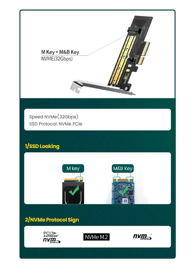 Переходник Адаптер PCI-E на SSD M.2 NVMe CM302 PCIе 3.0 для установки твердотельных накопителей (70503) Ugreen (305066349)