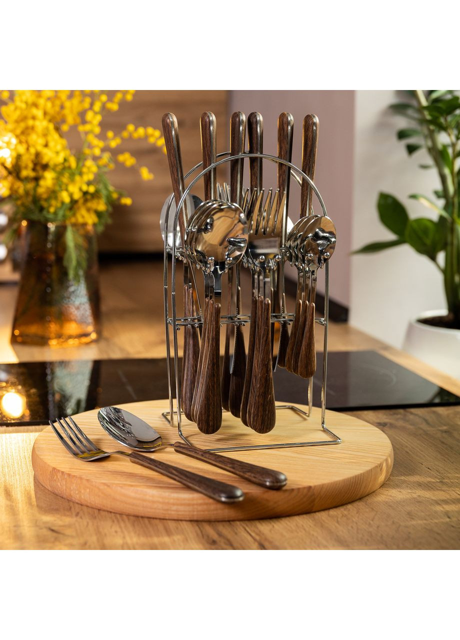 Набір столових приборів на 6 персон з дерев'яними ручками на підставці столові прибори 24 шт Срібло HP-20-1 Yiwu (351431189)