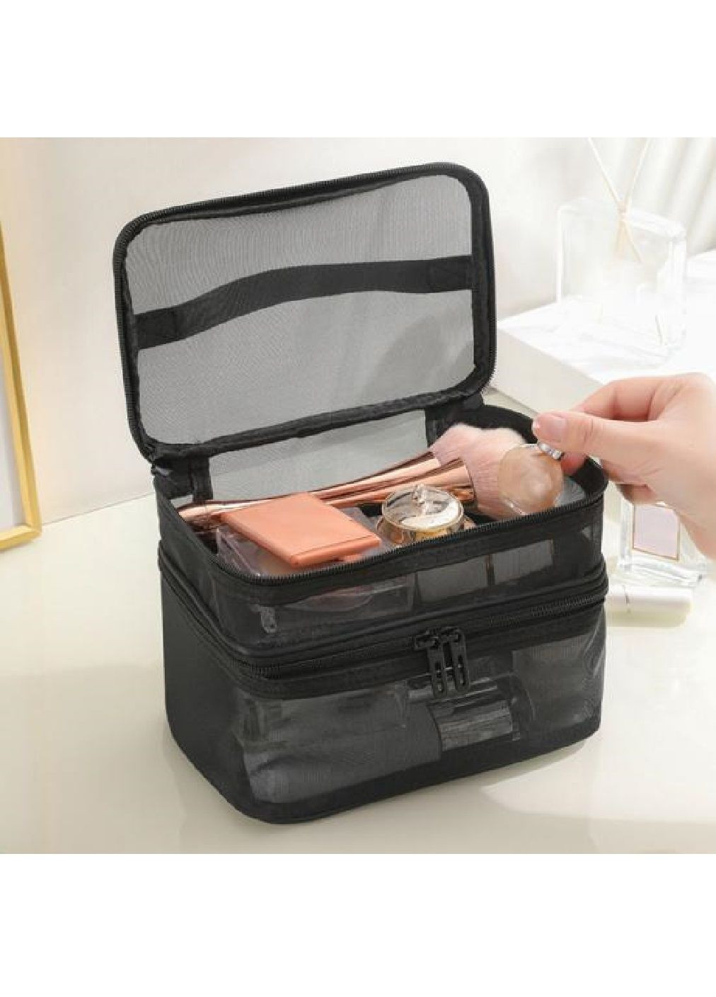 Косметичка органайзер сумка бокс двоярусна для зберігання косметики засобів особистої гігієни 21х13х14 см (476832-Prob) Чорна Unbranded (291838405)