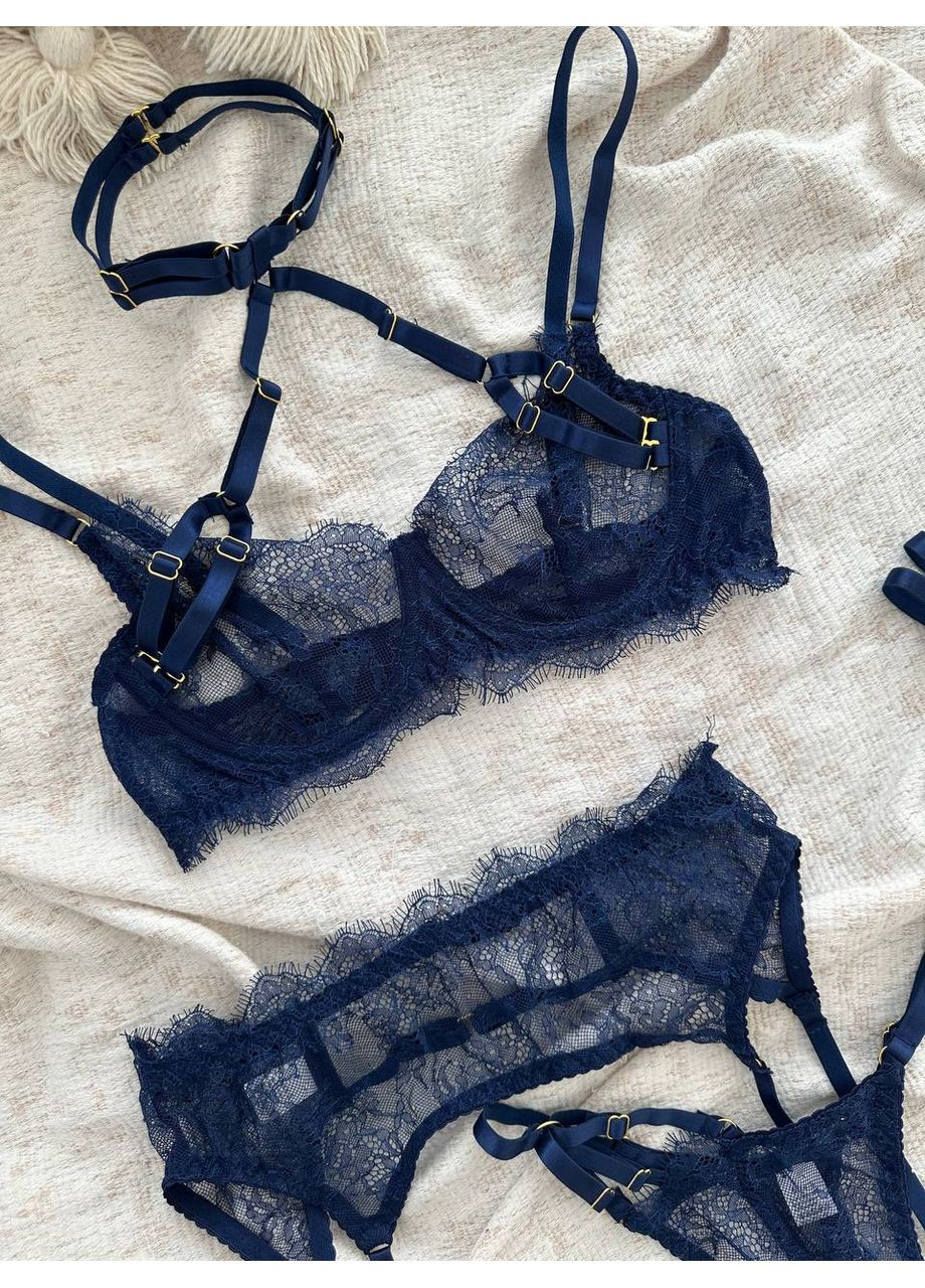 Синий балконет комплект женского белья | нежный кружевной, синее соблазнение Vital-Textile с косточками полиэстер, эластан