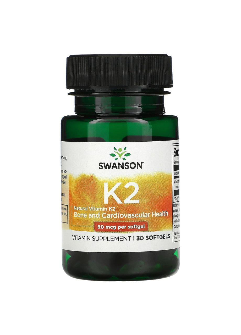 Витамин K2 50 мкг для здоровья костей и сердечнососудистой системы 30 капсул Swanson (263686549)