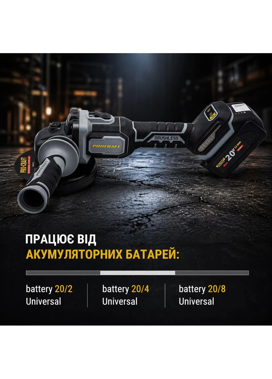 Болгарка аккумуляторная Industrial AG125B (1 АКБ+кейс) — угловая шлифмашина 125 мм 20V ProCraft (392391698)