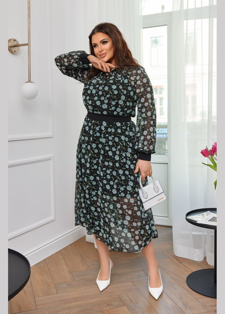 Черное повседневный, праздничный женское платье шифоновое а-силуэт Україна с цветочным принтом