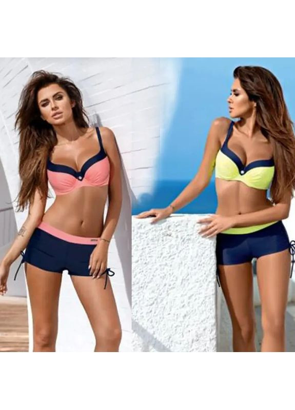 Жовтий демісезонний роздільний купальник на подвійному пушапі з декольте. купальник шортиками на зав'язках для спорту, l China