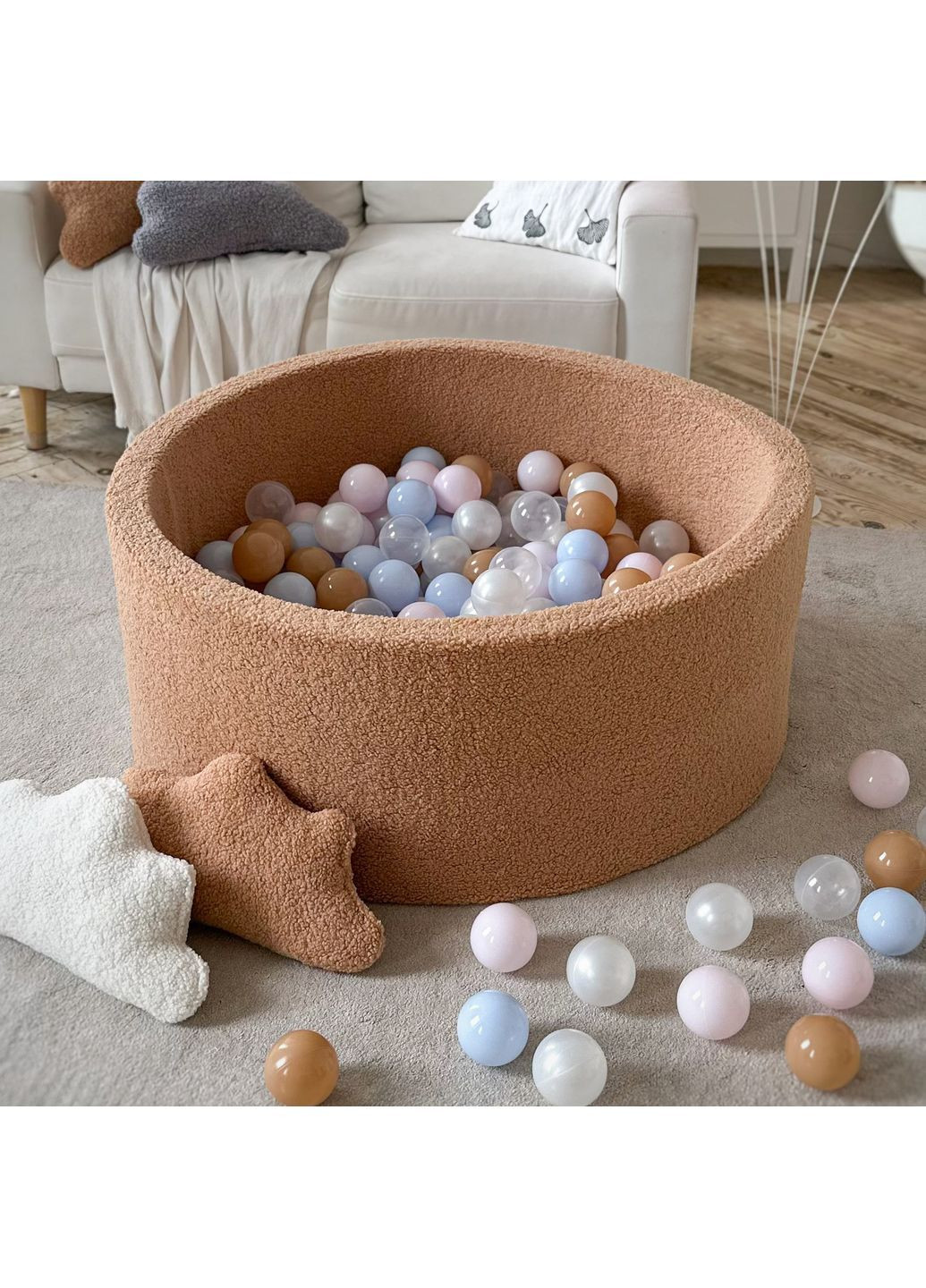 Сухий басейн з 200 кульками 100Х40 см з хутра Тедді (бежевий) No Brand дитячий сухий басейн з кульками для дому (366670189)