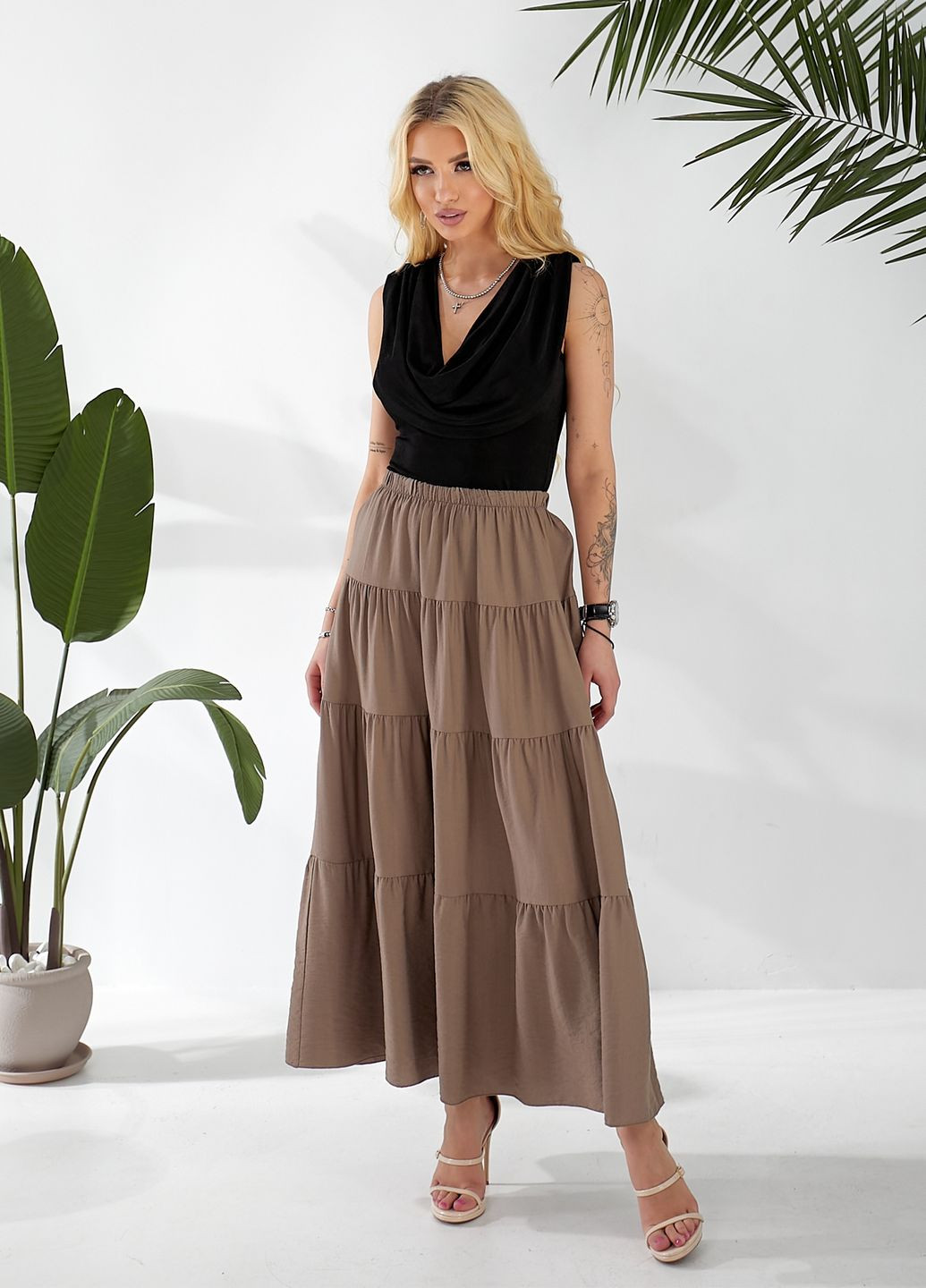 Льняна спідниця-максі кльош з воланом No Brand (332813610)