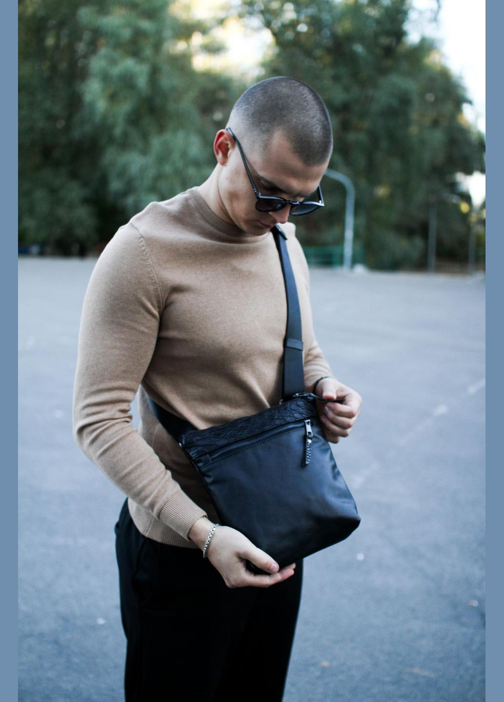 Сумка-мессенджер из натуральной кожи, через плечо мужская (черная) EX-023 SKILL сумка (347628845)