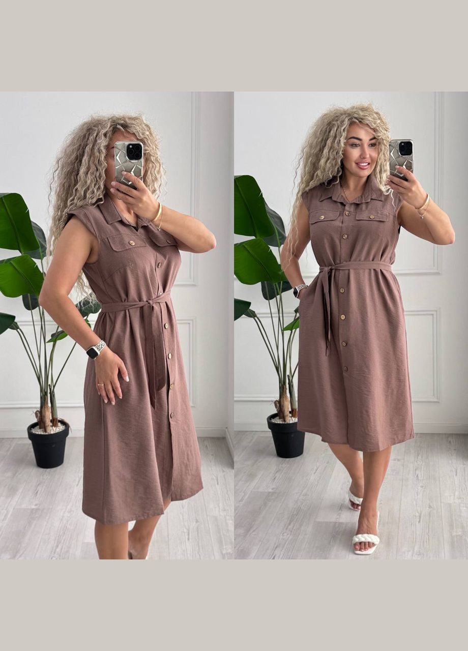 Кавова повсякденний, кежуал жіноча сукня на ґудзиках із поясом Style Point однотонна