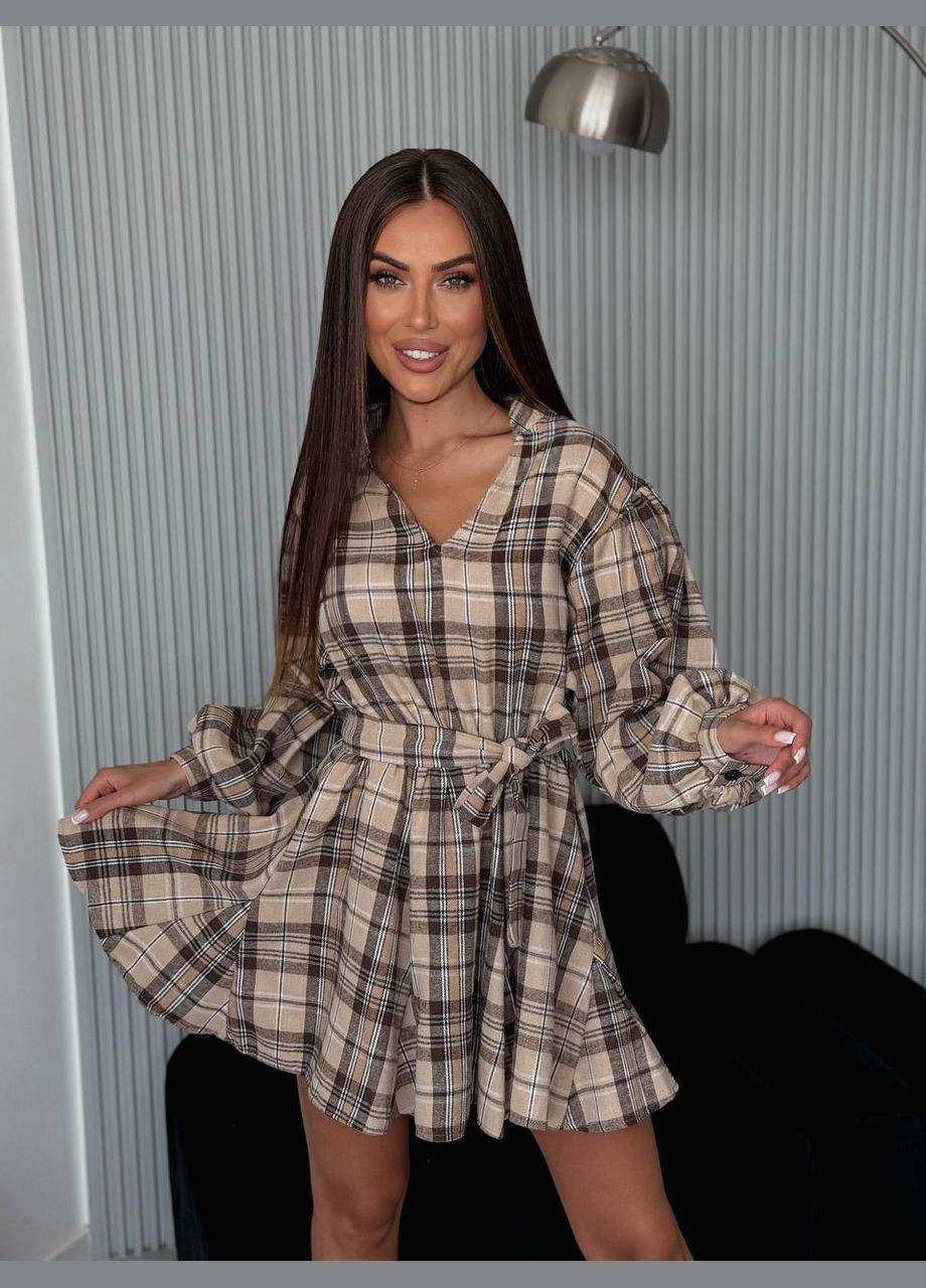 Бежевое повседневный, кэжуал женское платье в клеточку а-силуэт Style Point в клетку