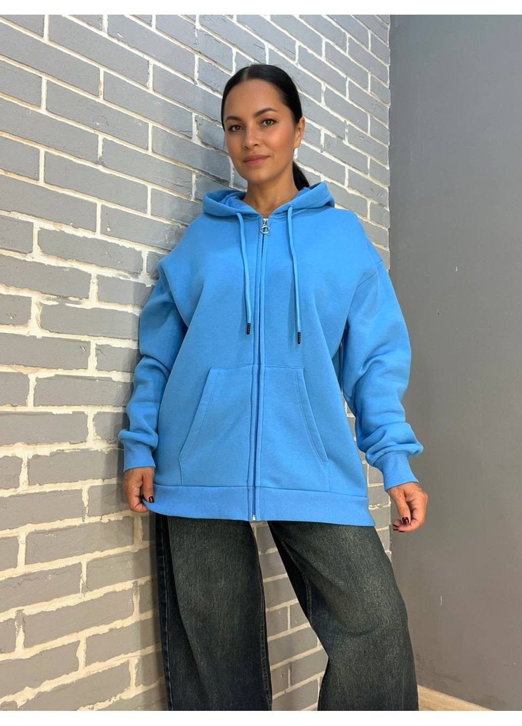 Синій худі жіноче 482 світшот подовжений на блискавці капюшон базовий оверсайз фліс утеплений Quzen (303283177)