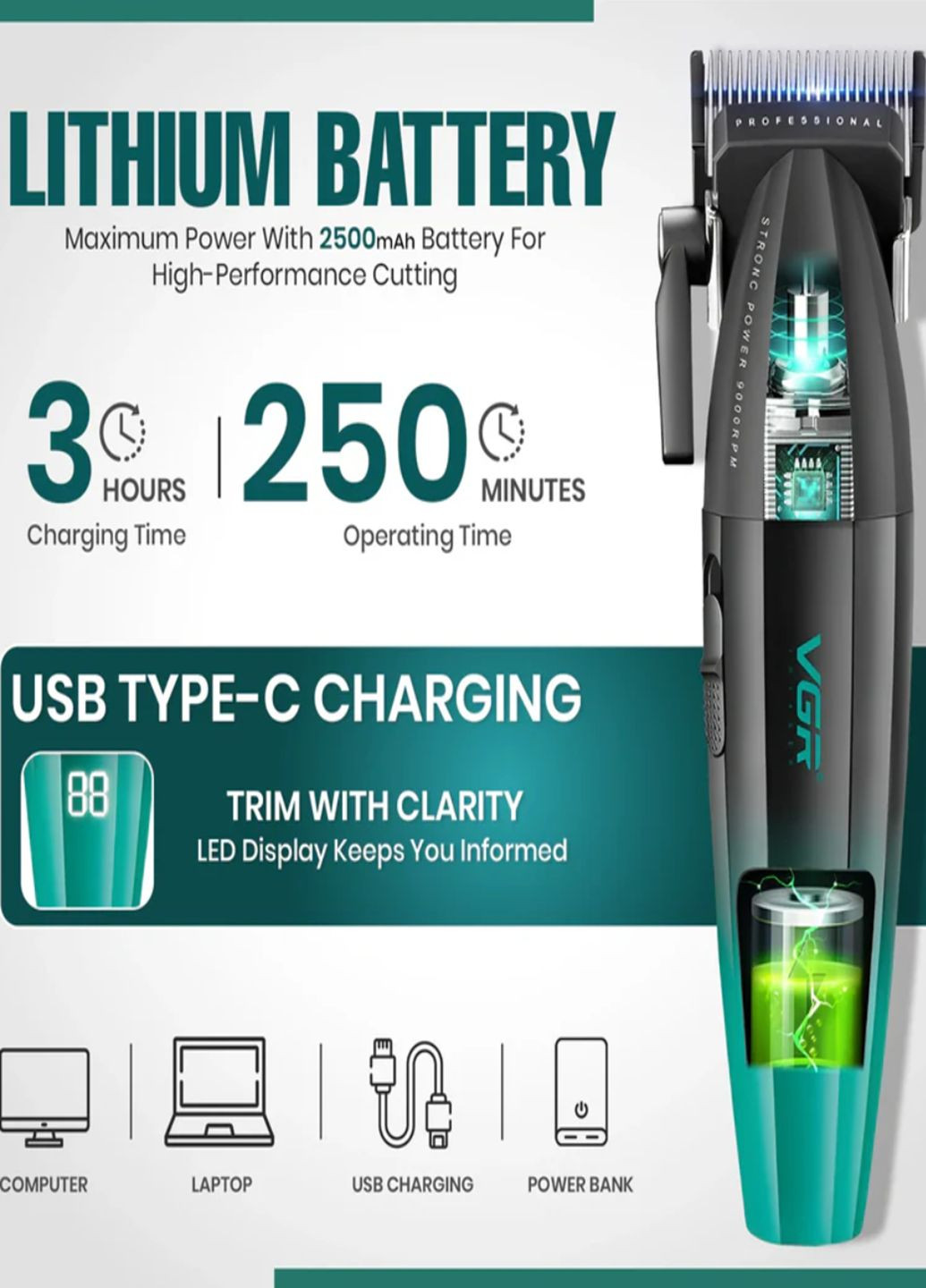 Аккумуляторная машинка для стрижки V-003 роторная с LED дисплеем VGR (338626510)