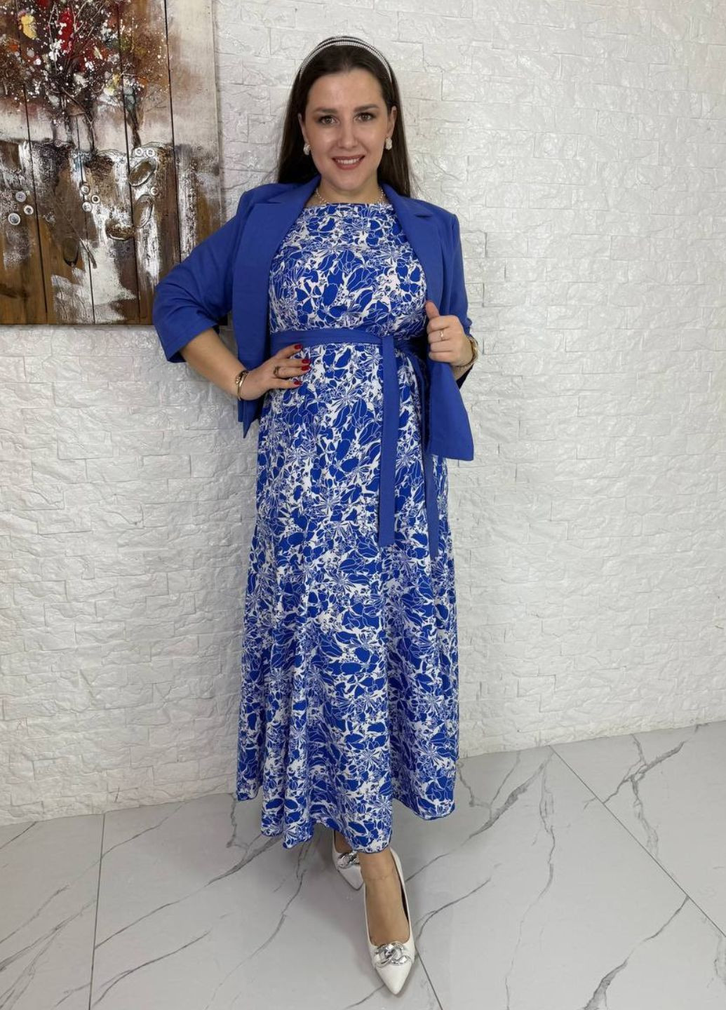 Женский комплект с платьем из софта и льняным жакетом с поясом Україна (325701895)