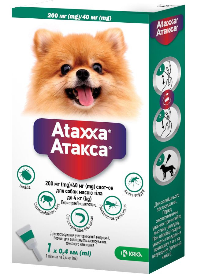 Капли от блох и клещей КРКА Атакса спот он 0.4 мл для собак весом до 4 кг (5909991257149) KRKA (279562707)