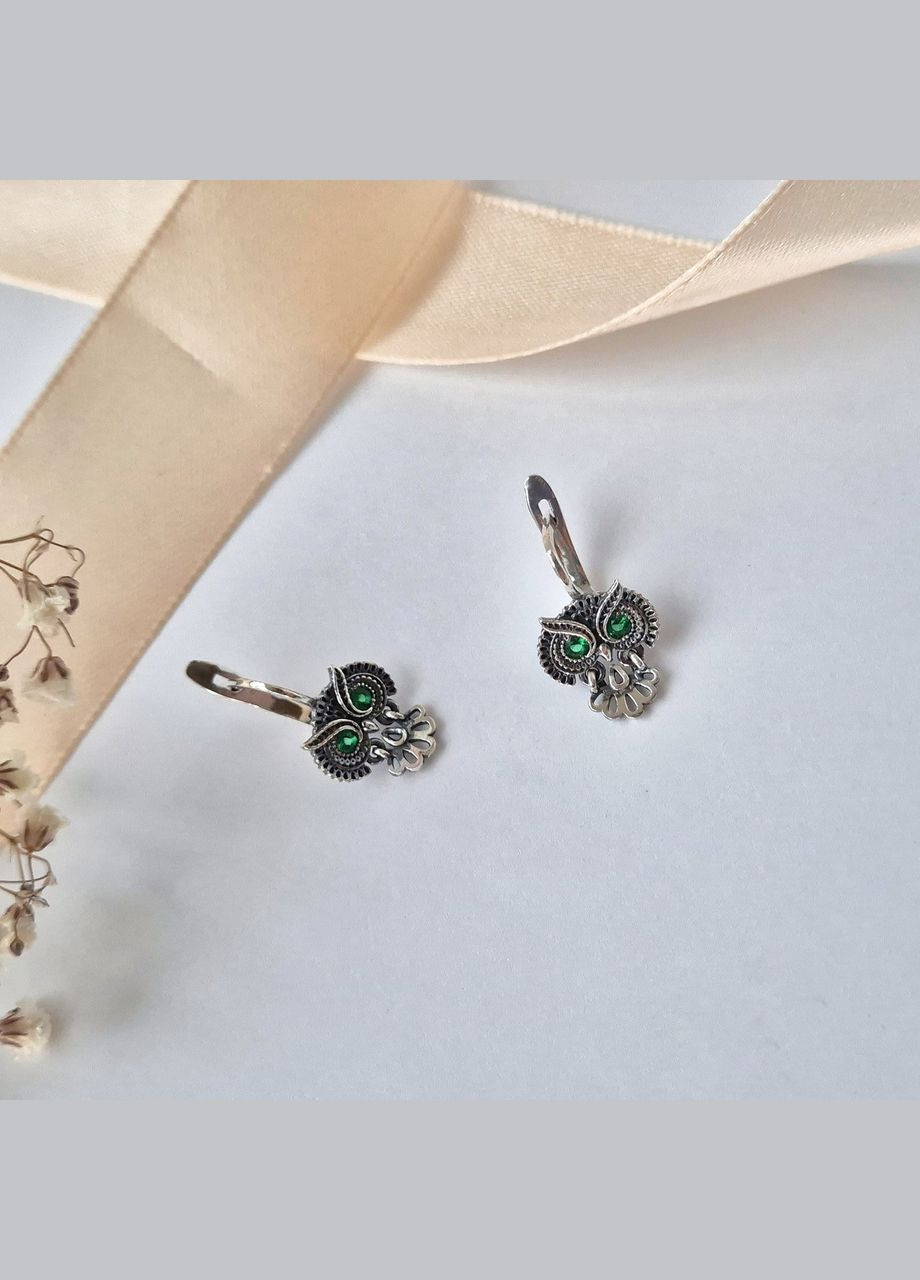 Срібні сережки Сови із Зеленими очима срібло 925 проби Чорнене 2148 4.00г No Brand (313103502)