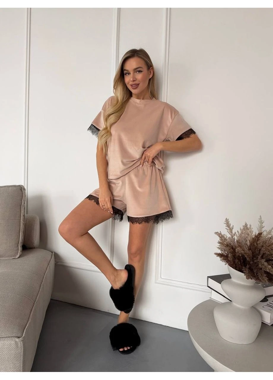 Бежевая всесезон женский домашний костюм из велюра Fashion