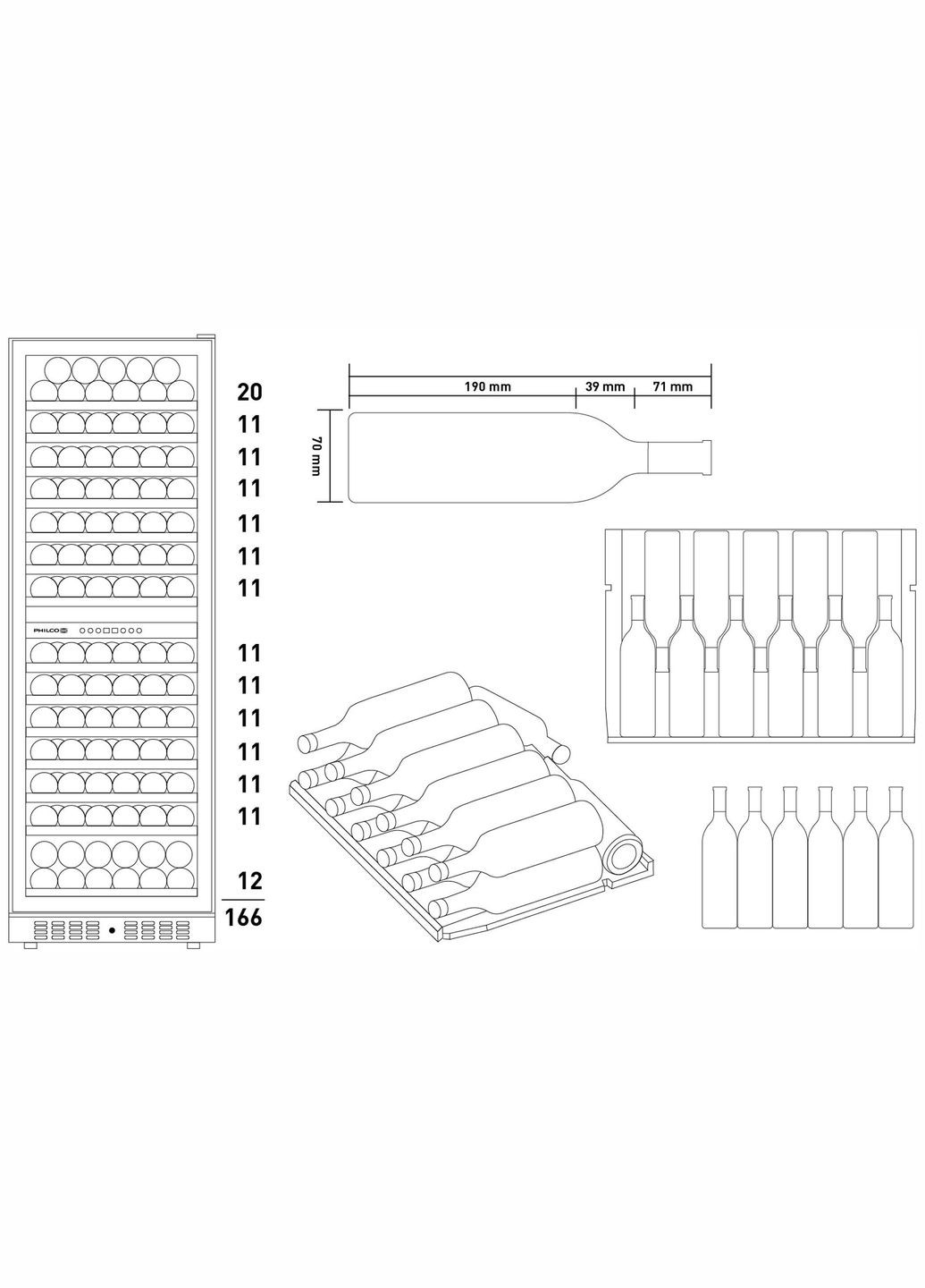 Холодильник для вина, 177х59.5х68, холод.відд.418л, зон - 1, бут-166, диспл, підсвітка, чорний PHILCO (314929917)