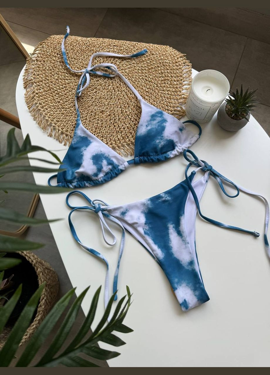 Синий комплект 4в1: женский раздельный купальник бикини + болеро + парео ink сине-белый No Brand