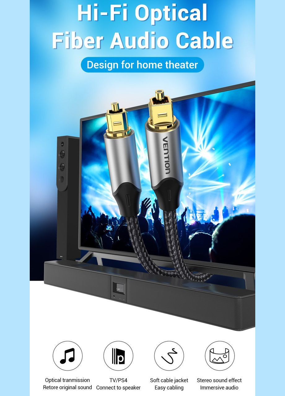 Оптический аудиокабель,Toslink SPDIF в Нейлоновой Оплетке Серый Vention (341325778)