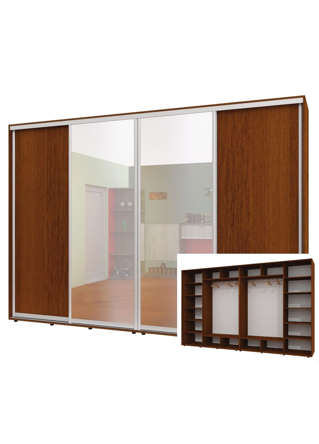 Шкаф-купе четырехдверный 330*60*220 см Орех лесной 4 двери ДСП + Зеркало + Зеркало + ДСП ШК-02 Алекса (360466795)