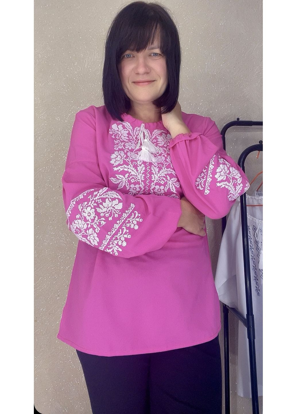 Рожева жіноча вишиванка НоКо вільна шифон (349507972)