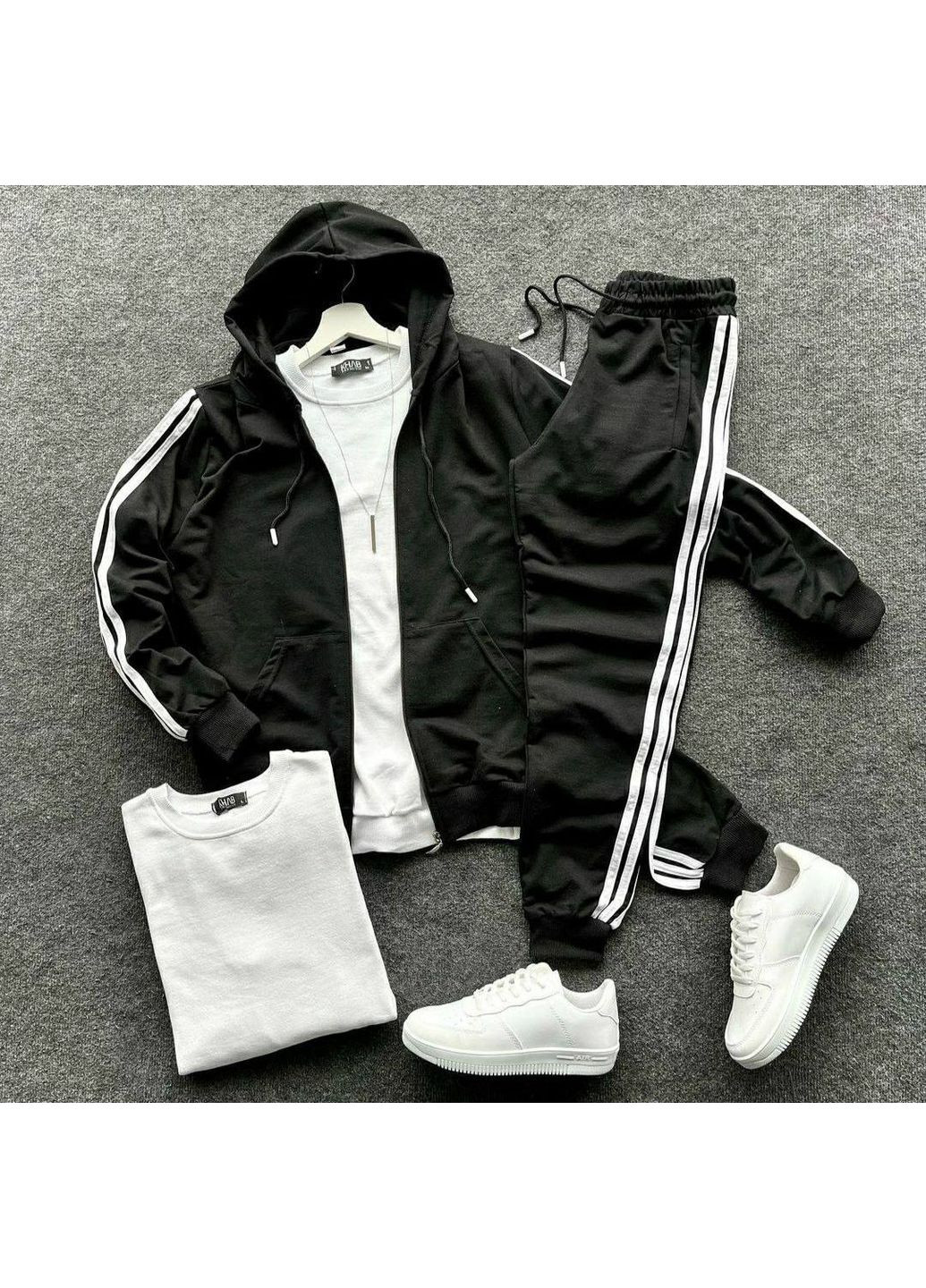 Черный демисезонный костюм спортивный мужской петля двунитка,не кошлатится,штаны и кофта с лампасами Україна