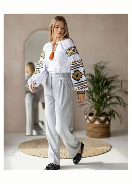 Біла жіноча стильна вишиванка жовті ромби біла You Best (299629556)