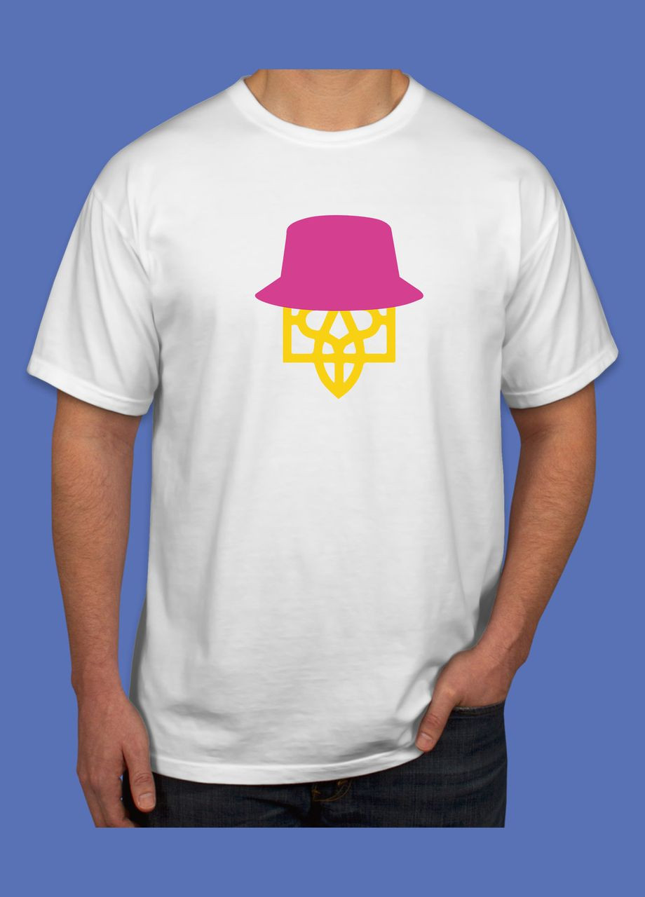 Футболка біла з принтом "Герб України в рожевій панамі Калуша" Кавун футболка (316289056)