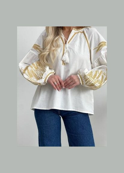 Блузка вишиванка бавовняна з пишними рукавами та колосками біла You Best (290983334)