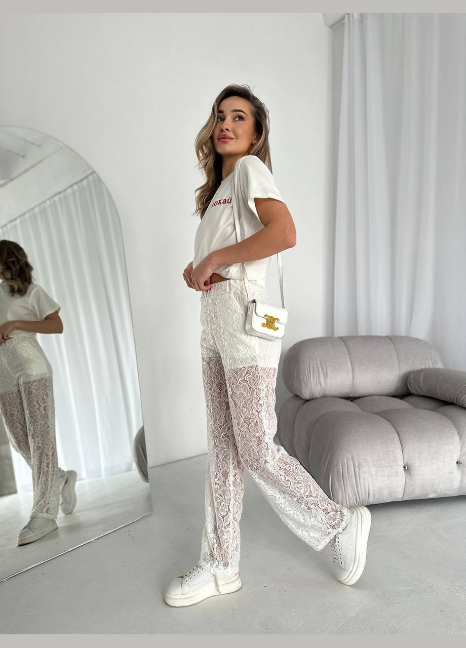 Женские стильные летние легкие белые брюки с кружевом No Brand штани (284722715)