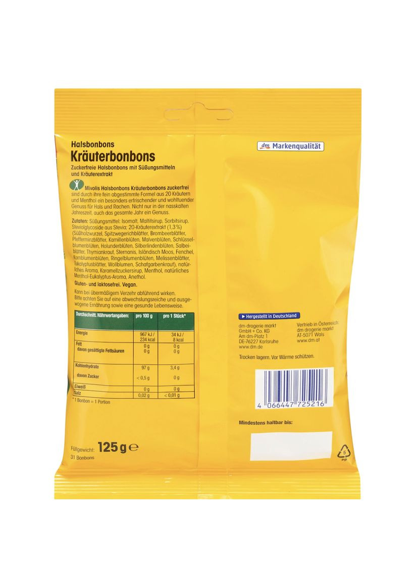 Пастилки для горла з екстрактом 20 трав, без цукру Bonbons Kräuterbonbons zuckerfrei 125 г Mivolis (369653552)