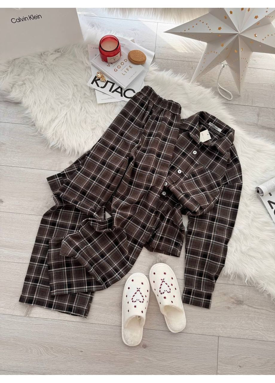 Коричнева жіноча фланелева піжама в клітинку сорочка + брюки No Brand С832/833-806/5
