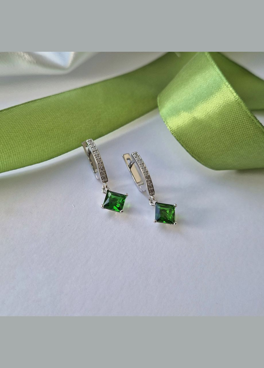 Срібні сережки з підвіскою Квадрат із Зеленими каменями срібло 925 проби Родоване 439 4.00г No Brand (307172924)