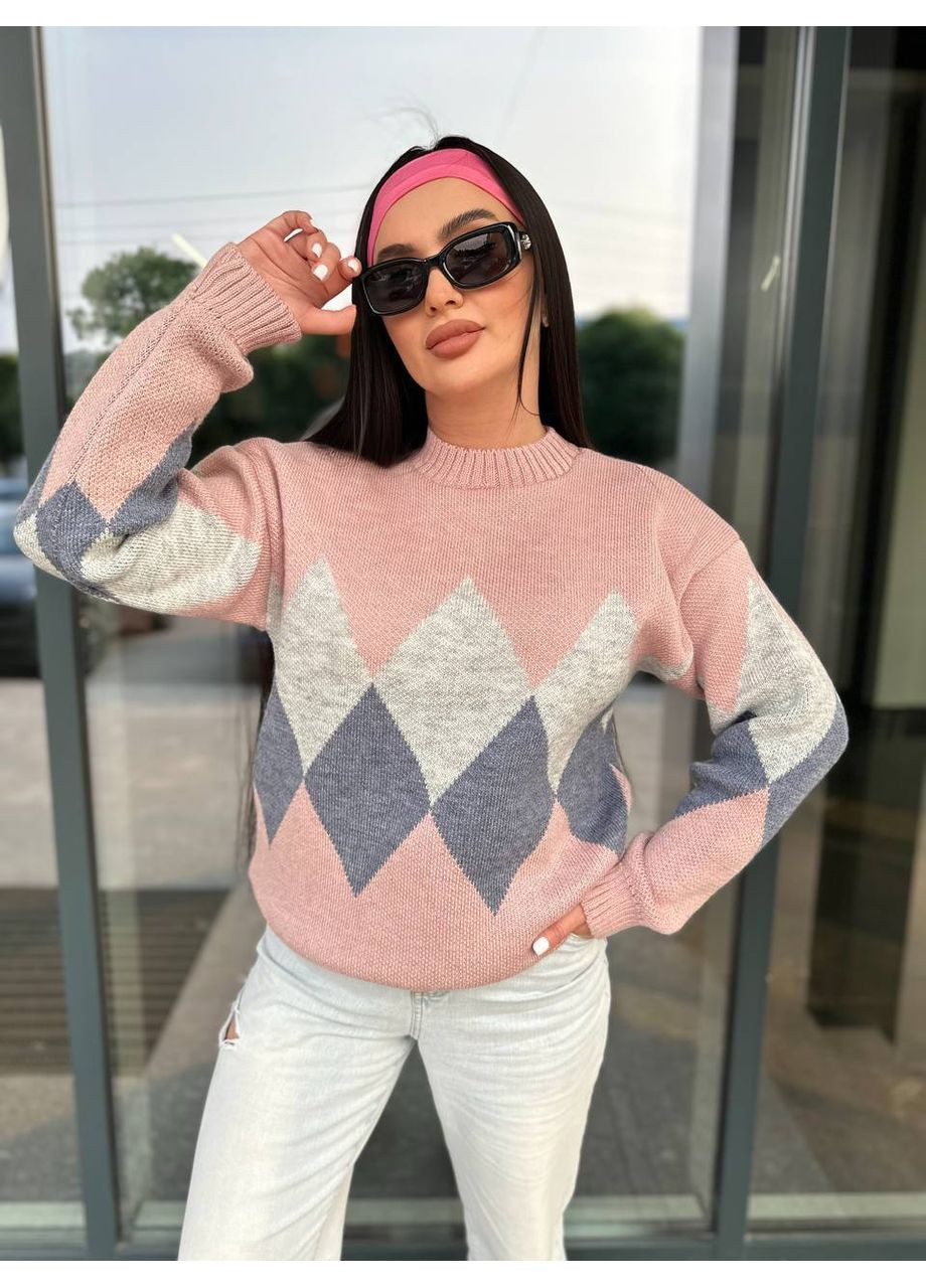 Жіночий светр з геометричним малюнком пудрового кольору 34419 No Brand (358528717)