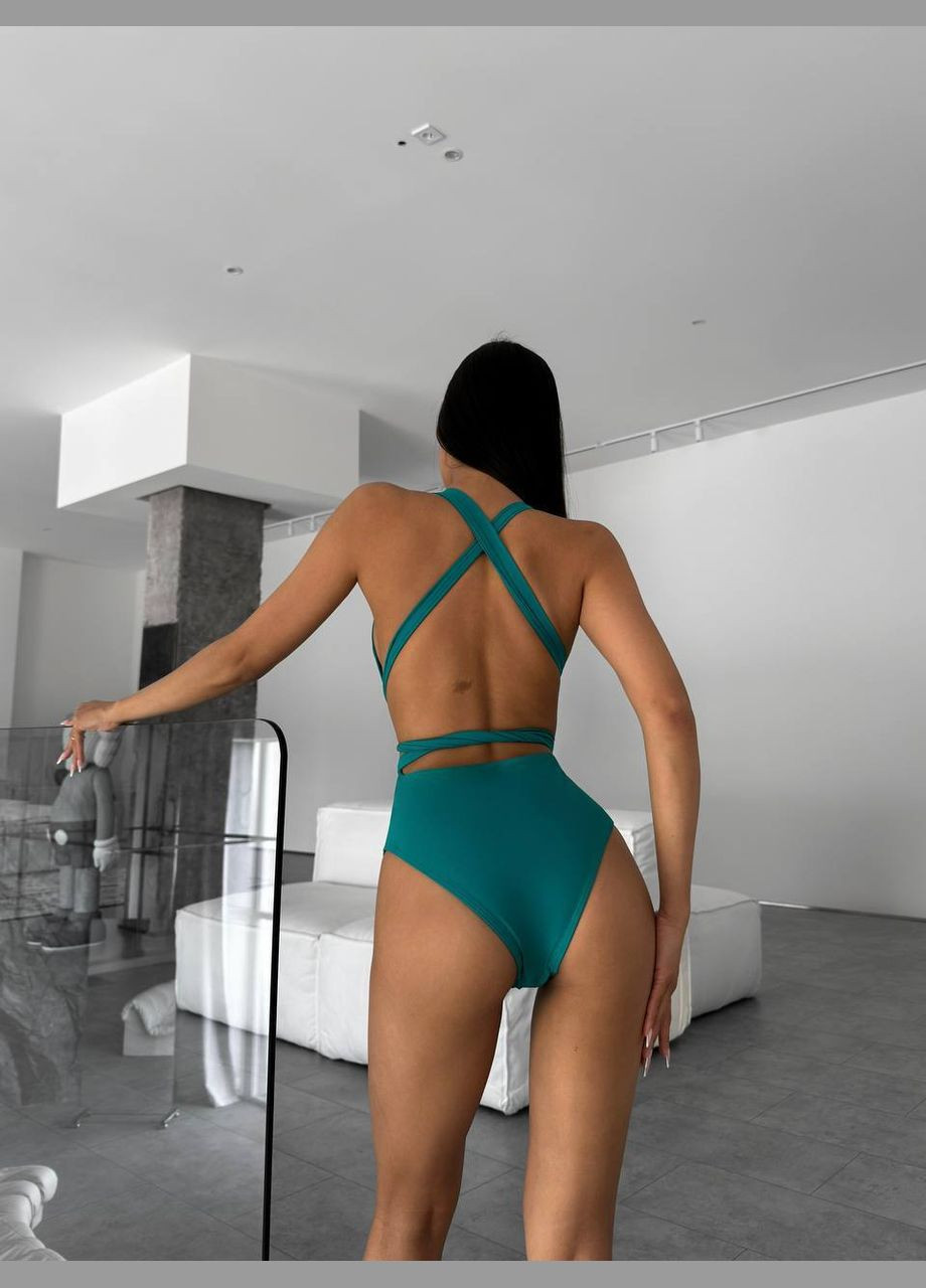 Темно-бірюзовий літній стильний купальник з відкритою спинкою суцільний No Brand