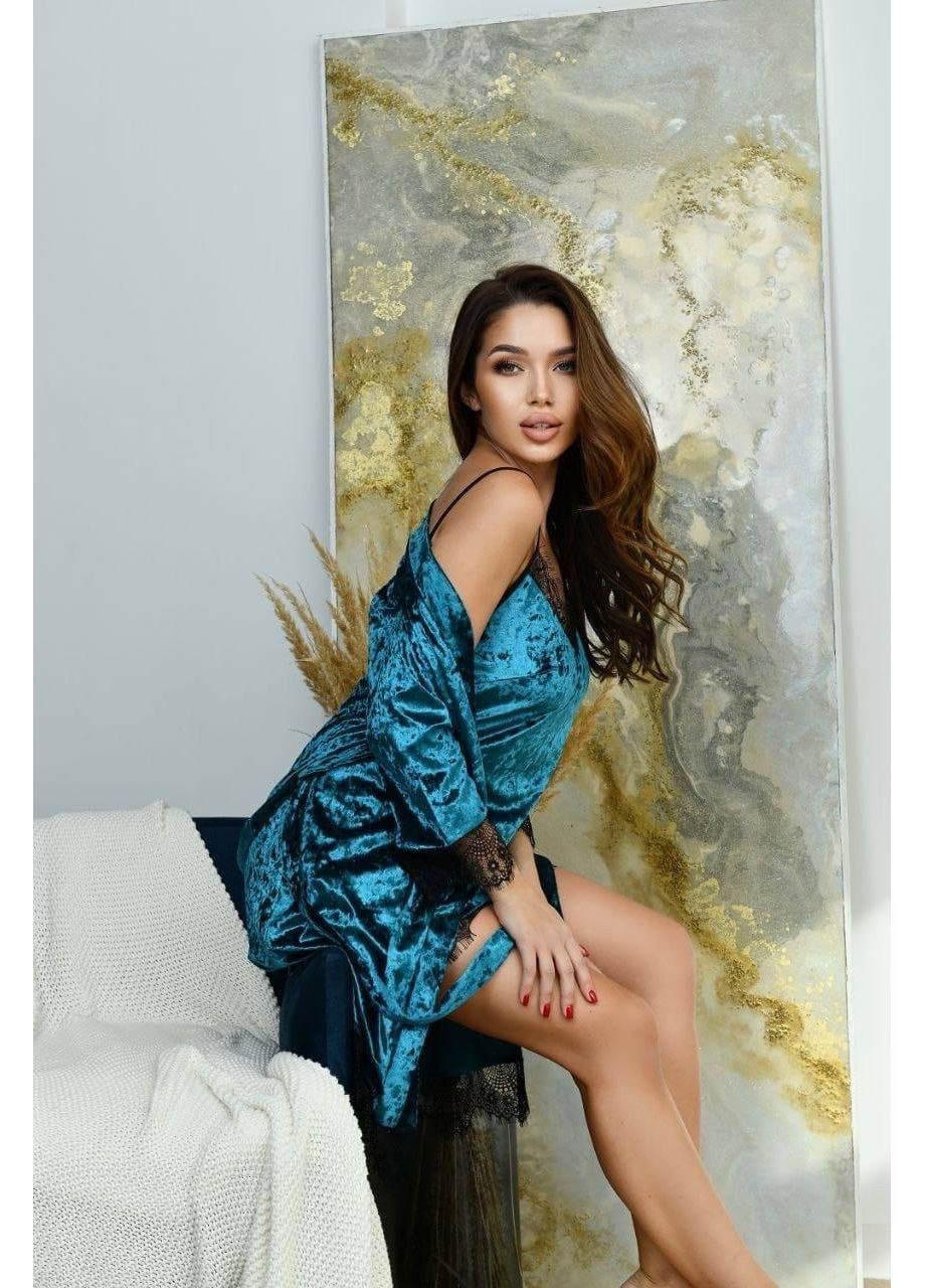 Бірюзова всесезон велюрова піжама двійка No Brand