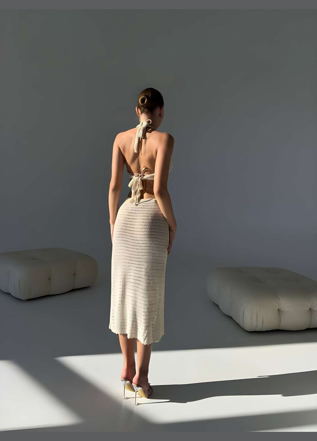 Женское летнее пляжное вязаное платье туника бежевое Україна (345557395)