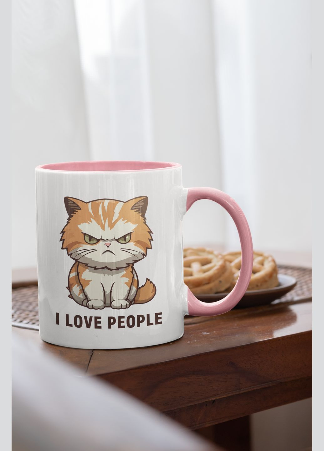 Чашка керамічна з принтом "I Love People" 330 мл, біла з рожевою ручкою No Brand (324263417)