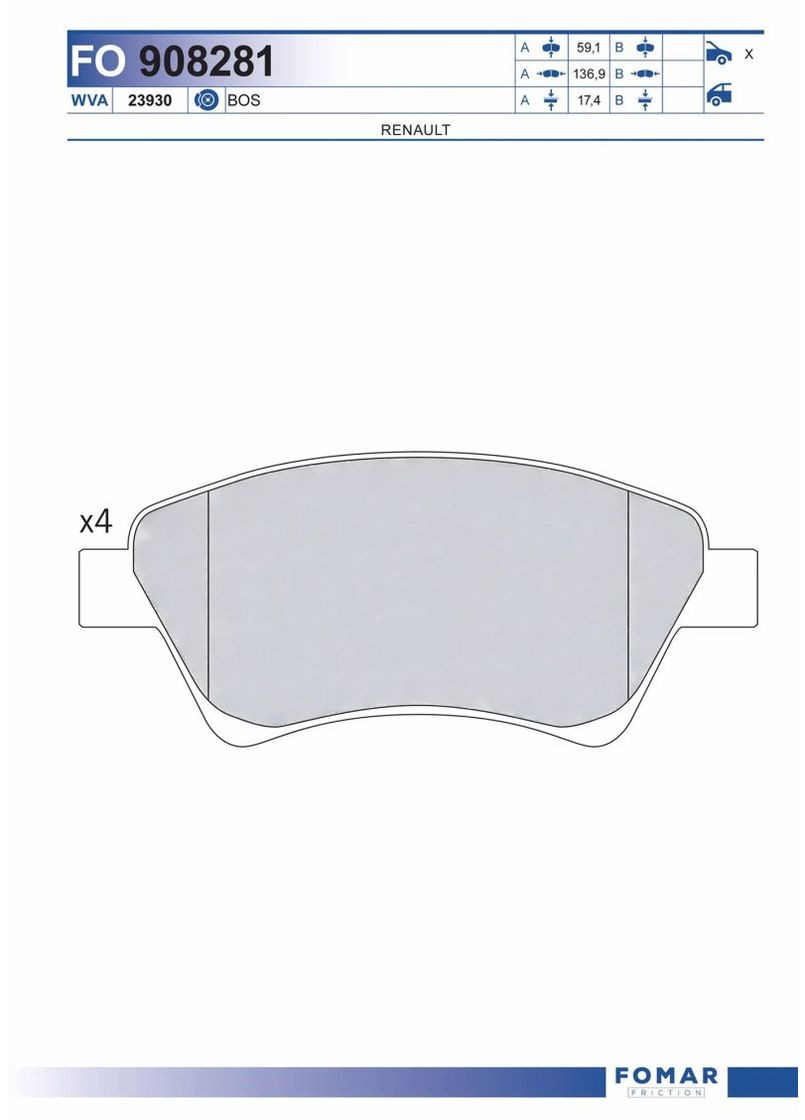 Колодки гальмівні дискові ПЕРЕДН RENAULT MEGANE II 1.5DCI, 1.6I 16V, 1.9DCI, 2.0 16V 08.02- FO 908281-ua Fomar (364974968)