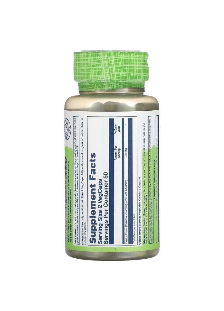 Пасифлора Passion Flower 700 mg, 100 вегакапсул Solaray (348356908)