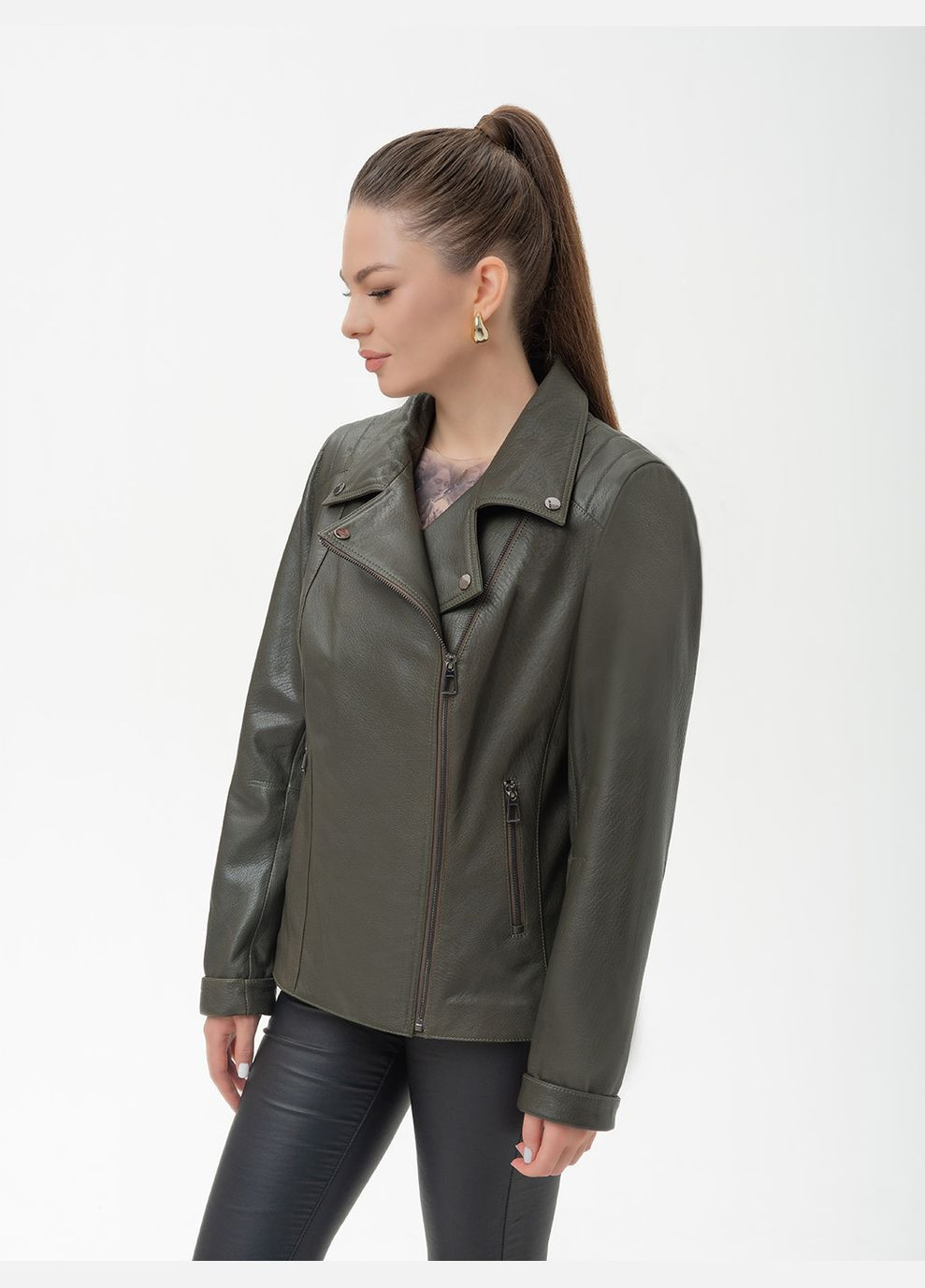 Оливкова демісезонна жіноча шкіряна куртка весна Fabio Monti